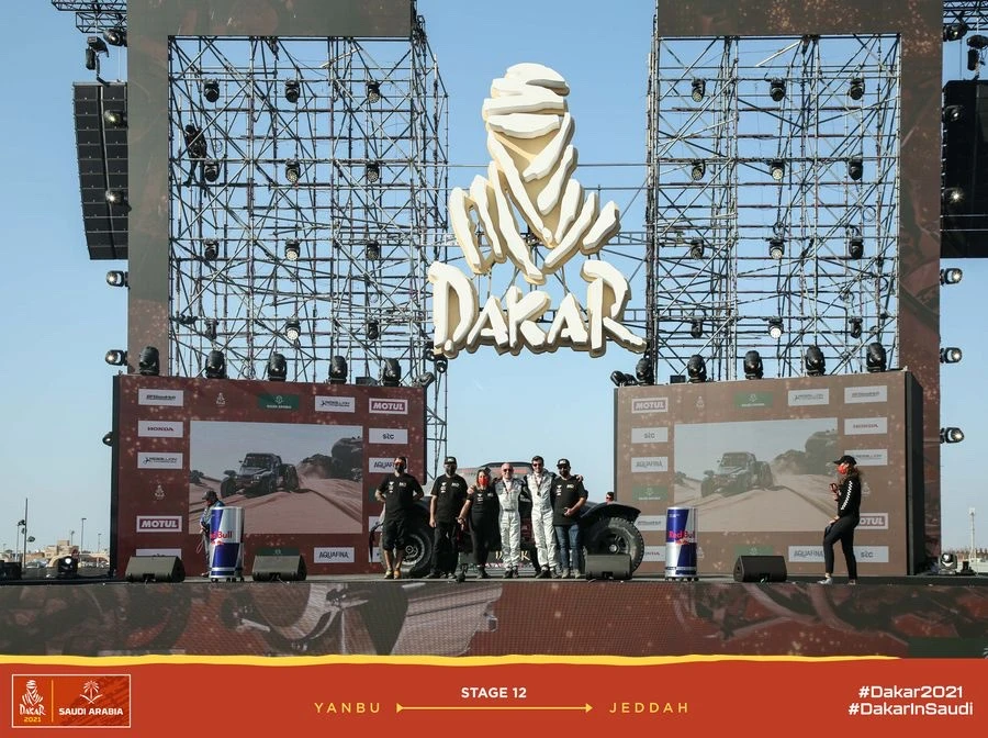 Dakar 2021, podium à l'arrivée. Équipage sponsorisé par Diframa - Huiles Exoil