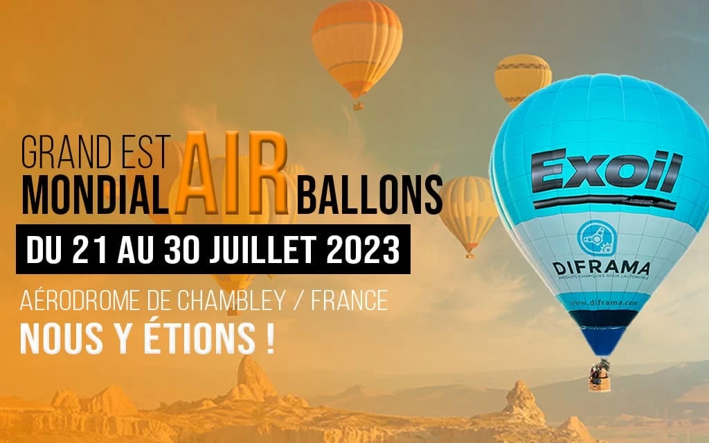 Grand Est Mondial Air Ballons du 21 au 30 juillet 2023. Ballon imprimé avec le logo Exoil et le logo Diframa