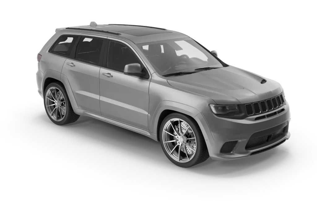 Voiture grise de type SUV avec points chauds à différents endroits du véhicule pour la consultation des différentes gammes de produits.